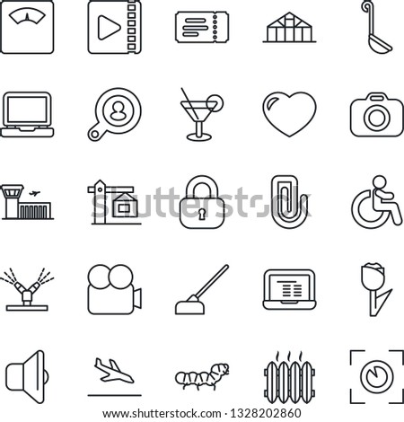 Thin Line Icon Set - arrival vector, ticket, disabled, airport building, notebook pc, hoe, greenhouse, caterpillar, scales, tulip, camera, video, laptop, heart, paper clip, client search, lock