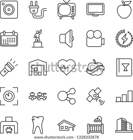 Thin Line Icon Set - baggage larry vector, pedestal, heart pulse, caries, diet, satellite, tv, video camera, monitor, mobile, torch, charge, bar graph, house with garage, warehouse, children room