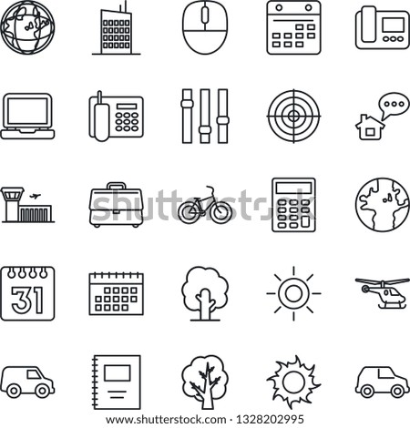 Thin Line Icon Set - helicopter vector, airport building, mouse, tree, sun, bike, earth, settings, laptop pc, calendar, case, copybook, calculator, office phone, target, city house, intercome, car