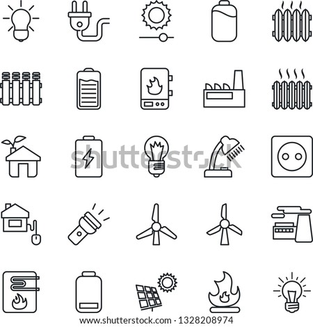 Thin Line Icon Set - bulb vector, factory, fire, battery, low, torch, brightness, desk lamp, sun panel, windmill, heater, home control, eco house, socket, power plug, water, radiator, idea