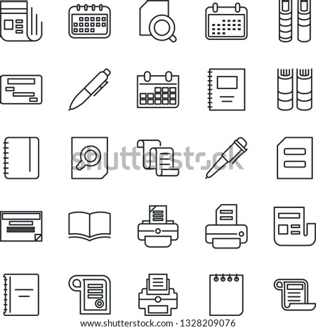 Thin Line Icon Set - contract vector, book, document search, pen, notepad, calendar, printer, news, copybook, schedule