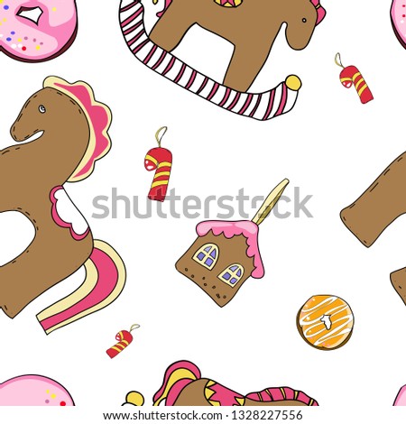 Ornament from decorative drawings of curly cookies, horse, house, donut, seamless pattern for fabric design, home or baby textile, vector