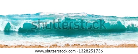 Blue and aquamarine color sea waves and yellow sand  with white foam isolated on white background. Marine beach background.
