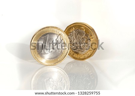 Euro coin and pound coin, the basic currency units of the EU and the UK, picture shows reflection of coins