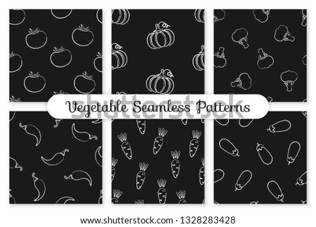 Autumn chalk contour vegetable seamless pattern. Background design with chalk silhouette eggplant vegetables on black chalkboard. Seamless vector illustration for season celebration card pattern.