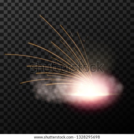 Creative vector illustration flash of electric welding metal fire with sparks isolated on transparent background. Art design during iron cutting template. Abstract concept graphic weld element