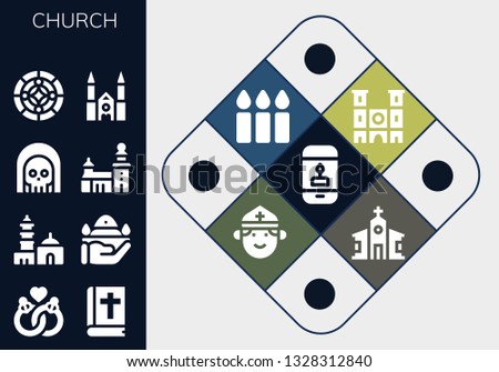church icon set. 13 filled church icons.  Collection Of - Candle, Marriage, Bible, Qutb minar, Pray, Death, Stockholm, Stained glass, Chartres cathedral, Notre dame, Candles, Priest