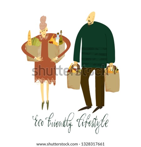 Hand drawn vector illustration. Zero waste life. Eco style. No plastic. Go green. Women and man with eco bags.