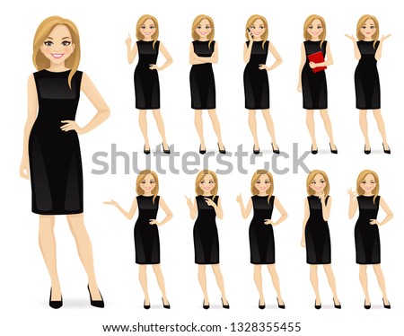 Young beautiful woman in black dress character in different poses set vector illustration Royalty-Free Stock Photo #1328355455