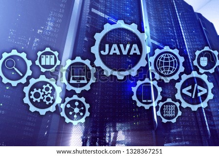  Java Programming concept. Virtual machine. On server room background.