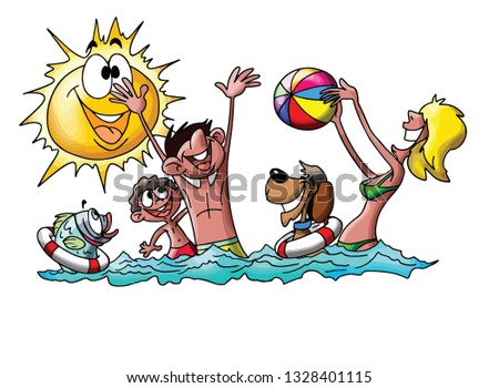 Cartoon family on vacation, playing ball and spending time swimming in the sea vector illustration