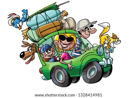 Cartoon family going on vacation with their cars fully loaded vector illustration