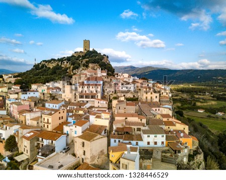 An Aerial view of Posada, a Medieval  town with Castle on the est coast of Sardinia
