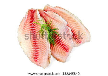 Tilapia fillets with dill isolated on a white background Royalty-Free Stock Photo #132845840