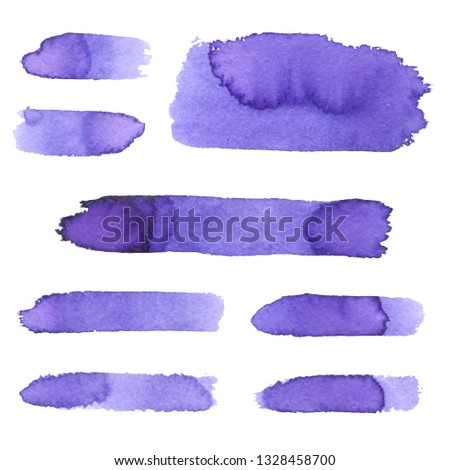 Set of purple cosmetic watercolor brush strokes isolated on white background. Make up colors. Vector