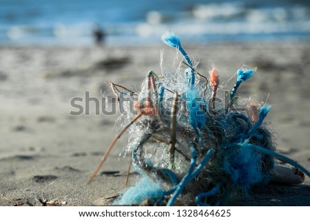 Beautiful trash after the storm on the Baltic Sea. Sunny summer day on the Curonian Spit. Sea sand, foam surf, coastline. Sticks, burlap, ropes and fishing nets, coiled up. Close-up.