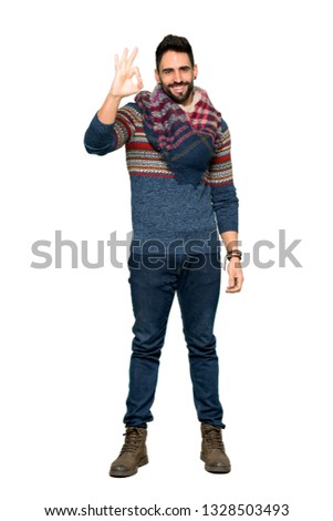 Full-length shot of Hippie man showing an ok sign with fingers on isolated white background
