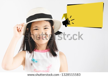 Asian girl child on gray background,  People sincere emotions lifestyle concept. Mock up copy space, Girl acting on face with dialog box for add you text.