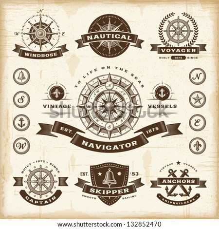 Vintage nautical labels set. Fully editable EPS10 vector. Royalty-Free Stock Photo #132852470