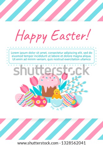 Happy Easter card with easter cake, eggs, flowers and branches of willow. Symbol of the feast of Easter Decorative design element in a flat style for greeting cards, posters. Vector art illustration.
