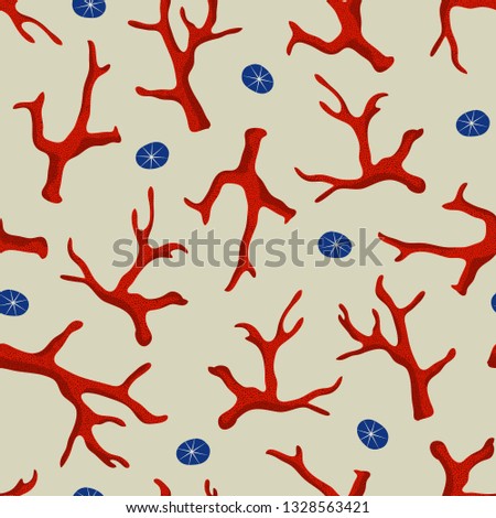 Nautical Coral seamless pattern. Illustration of red coral and sand dollars on a sandy beach background. Ocean themed pattern for fabrics, gift wrapping, stationary, and interior design.
