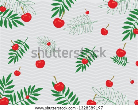 Vector seamless pattern with cherry, branches. Fruit repeated background. Colorful endless print for fabric or paper. - Images vectorielles

