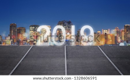 New Year 2019 in the city, Osaka city at night with Bokeh city lights and new year 2019 celebration