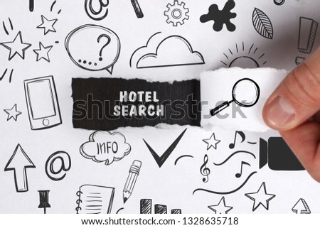 Business, Technology, Internet and network concept. Young businessman shows the word: Hotel search