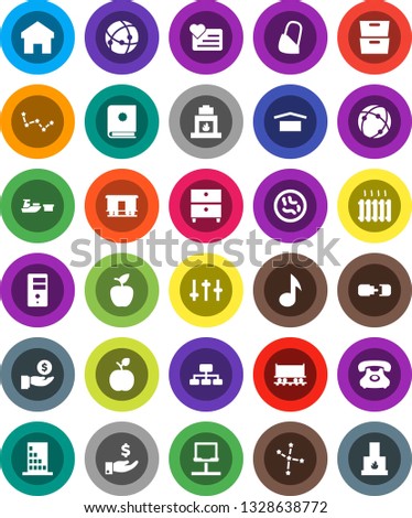 White Solid Icon Set- apple fruit vector, music, archive, constellation, investment, hierarchy, heart monitor, Railway carriage, phone, port, dry cargo, settings, microbs, bandage, connection, home