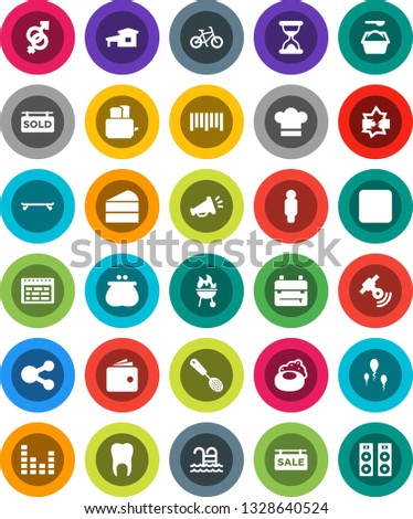 White Solid Icon Set- soap vector, washing powder, cook hat, skimmer, toaster, bbq, cake, backpack, schedule, wallet, man, bike, skateboard, pool, barcode, satellitie, equalizer, stop button, sperm
