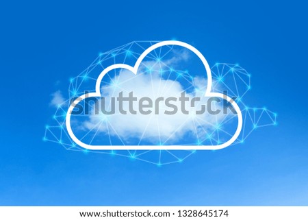 Cloud network technology concept with polygonal graphic on blue sky background