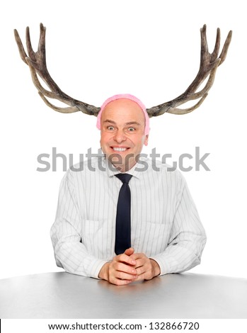 Funny picture of an stupid manager (husband) with great antlers.