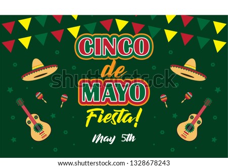 Sombrero Hat, Maraca, Guitar, Bunting, Fiesta and Cinco De Mayo Text of Mexican Holiday Festive Signs Icon Set Element Culture in Green Background. Design for greetings, banners and invitations.