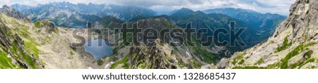 Tatra Mountain view to group of glacial lakes from path Kasprowy Wierch to Swinica mount, Poland.