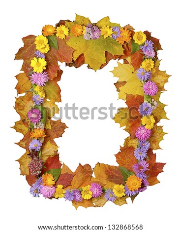 autumn frame with maple leaves and colorful flowers isolated on white background
