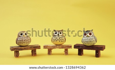 Owl family, Each owl stands on a wooden bench with yellow background and look into the front.