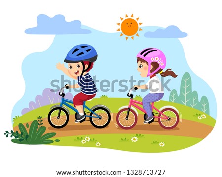 Vector illustration of happy kids riding bicycles in the park.