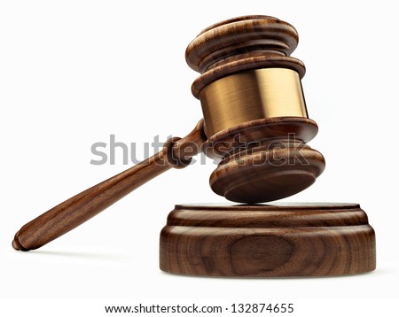 A wooden judge gavel and soundboard isolated on white background in perspective Royalty-Free Stock Photo #132874655