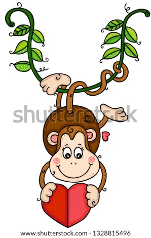 Cute monkey hanging on branch holding heart