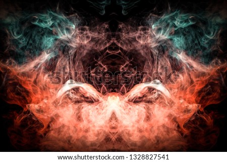 Cloud of blue and red smoke  in the form of a skull, monster, dragon  on a black isolated background. Background from the smoke of vape. Mocap for cool t-shirts
