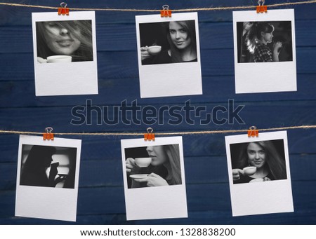 photographs hanging on a linen thread on stationery clips on a a blurred wooden dark blue background, the theme of coffee drink, girl advertises beverage, home and food cafeteria design