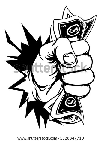 A fist hand holding money in the form of cash paper dollar bills and breaking through the background or wall. In a vintage intaglio woodcut engraved or retro propaganda style