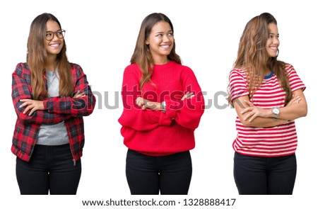 Collage of beautiful young woman over isolated background smiling looking to the side with arms crossed convinced and confident