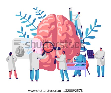 Laboratory Scientist Group Study Human Brain and Psychology. Medical Research Microscope. Head Tomography. Chemical Experiment. Diagnostics Development Hemisphere. Flat Cartoon Vector Illustration