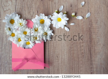 Lovely Spring flowers in pink envelope. Chamomile on a wooden background. Letter of love. Congratulation for mother's day, International Women Day or Easter. Happy Birthday Greeting card. Free space.