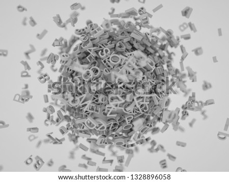 Chaotic cluster of letters around the sphere 3D illustration