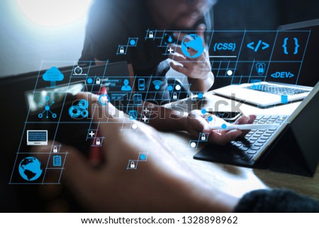 Coding software developer work with AR new design dashboard computer icons of scrum agile development and code fork and versioning with responsive cybersecurity.StartUp Programming Team. 