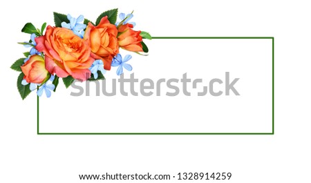 Orange roses and blue small flowers with silk ribbon in a corner floral arrangement with a frame isolated on white background. Flat lay, top view.