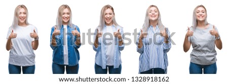 Collage of beautiful blonde young woman over isolated background success sign doing positive gesture with hand, thumbs up smiling and happy. Looking at the camera with cheerful expression, winner