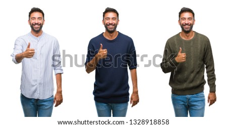 Collage of handsome young indian man over isolated background doing happy thumbs up gesture with hand. Approving expression looking at the camera with showing success.